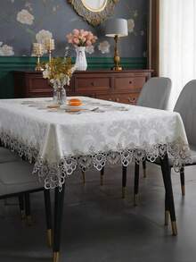 HXARTMIS قطعة واحدة من مفرش طاولة مستطيل فاخر مطرز بنقوش زهرية جاكار، غطاء طاولة بنمط زهري أنيق، مفرش طاولة بحافة متموجة راقية، مناسب لغرفة الطعام والمطبخ والزفاف والحفلات وديكور المنزل - بيج - مشاهدة 17