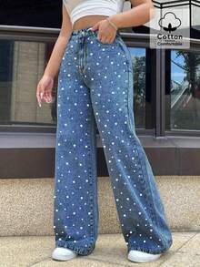 Women's Straight Leg Pant Jeans,Pearl Decoration,Button Zipper And Pocket Summer Jeans - Rửa trung bình - Xem 7