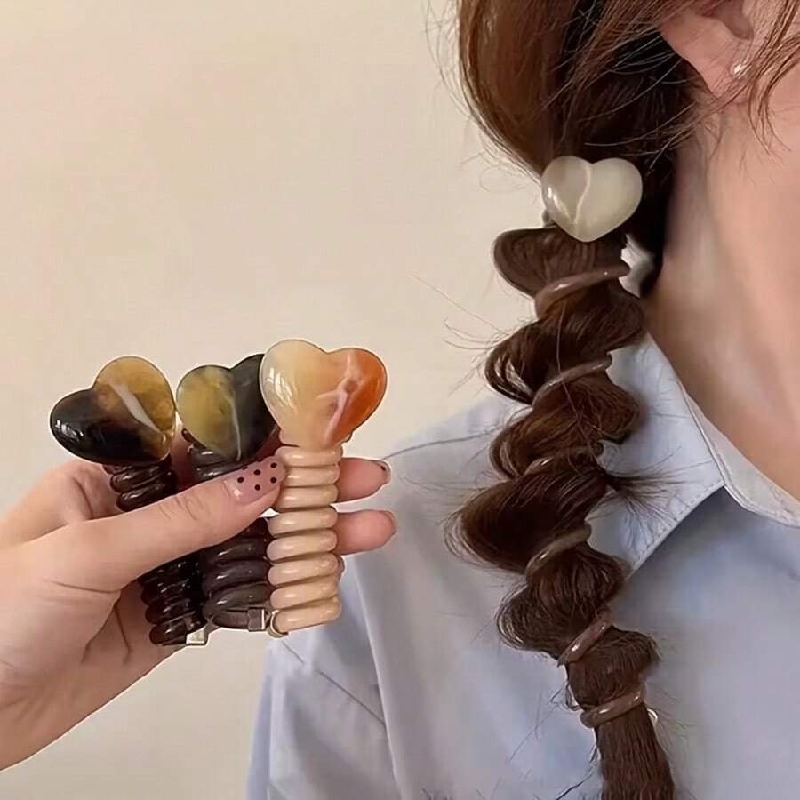 4件裝優雅愛心與幾何圖案髮圈－混色樹脂馬尾髮帶，四季皆宜，日常穿搭完美配件（產品可能含有輕微殘留物，可清除，屬正常現象）