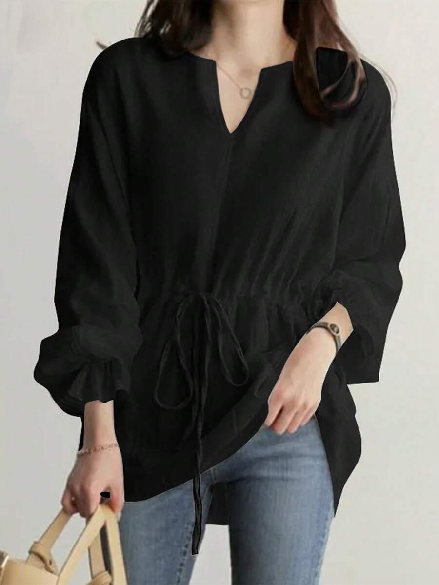 Plus Size Women V-Neck Drawstring Waist Casual Blouse, Loose Fit Long Sleeve Tie Front Shirt For Commute/Daily Wear Black Spring - Black - View 1