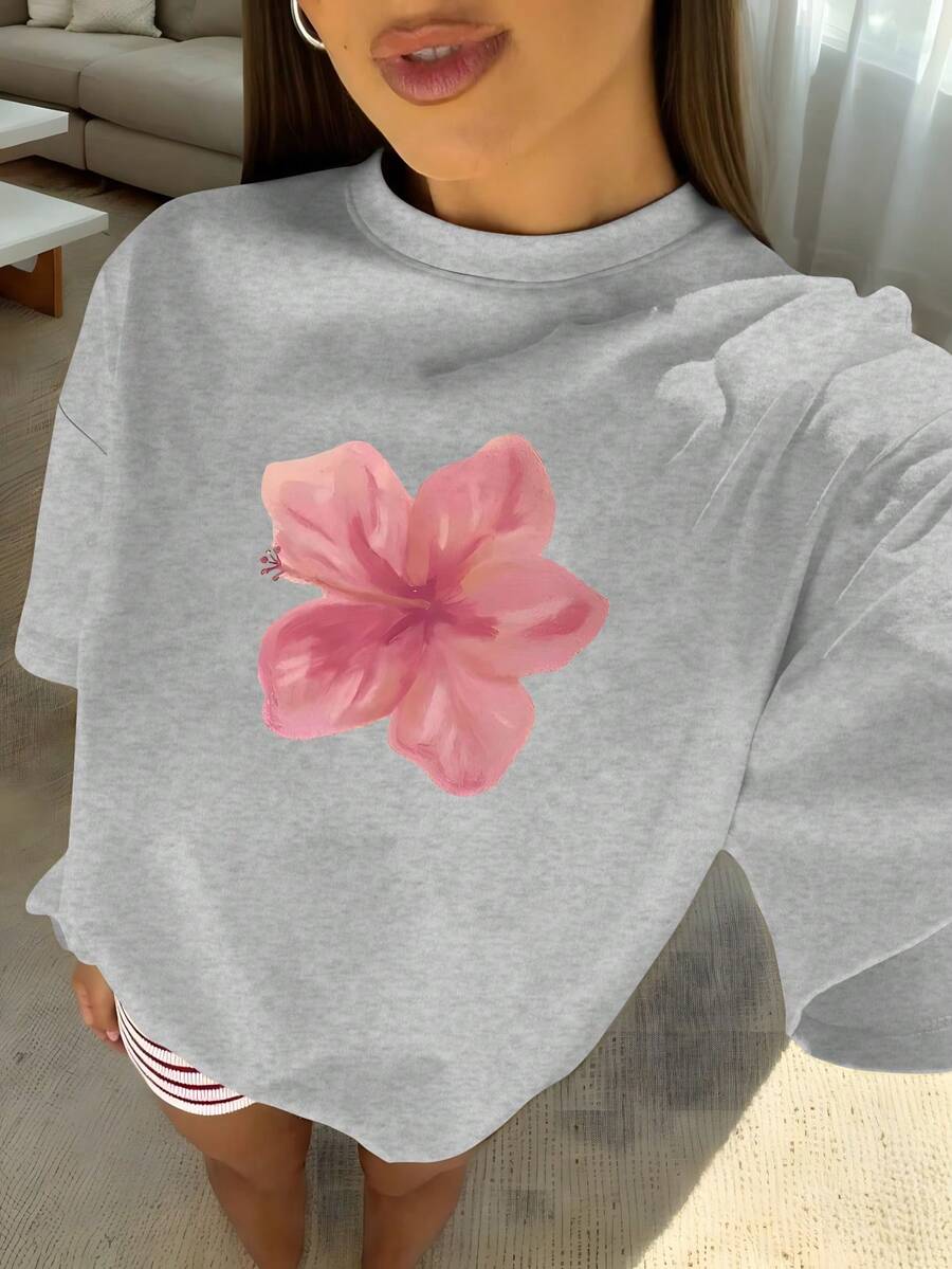1pcs Plus Size Women's Loose Fit T-Shirt, Printed With Watercolor Pink Hibiscus Flowers, Perfect For Tropical Vacations, Beach Dates, Summer Parties - 淺灰色 - 查看 1