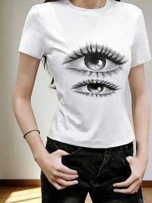 短袖圆领T恤，美式风格，新款夏季眼睛图案设计，修身露脐女式休闲上衣 白色 - 白色 - 查看 2