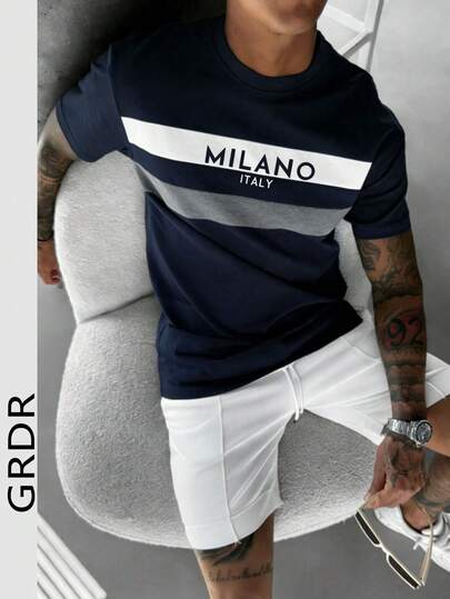 GRDR 1 pieza Camiseta de hombre de cuello redondo de estilo casual de negocios con contraste de color, nueva para el verano