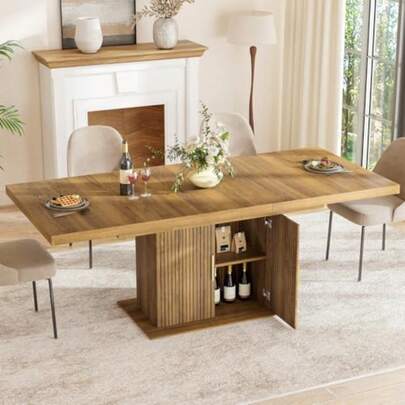 62.99"-78.74" Expandable Dining Table with Storage Extendable Dining Table for 6-10 People Extra Hidden Storage for Tableware and Wine Modern Farmhouse Table for Kitchen Living Room-Brown