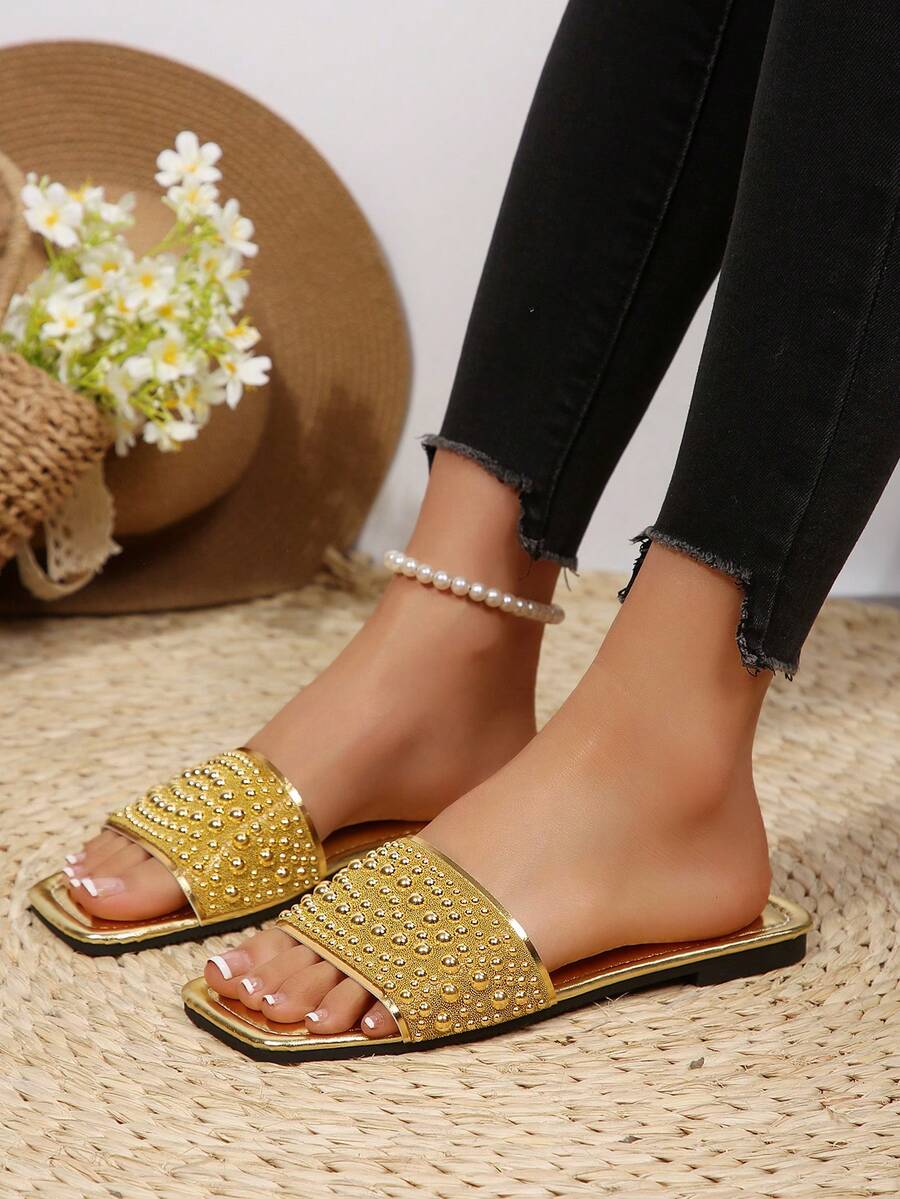 2025 Nuevas sandalias planas de verano para mujer, tipo slip-on, minimalistas, versátiles y antideslizantes para la playa - Dorado - Ver 1