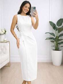 Women's Tailored Midi Dress With Waist Belt – Elegant For Parties, Weddings, And Social Events - 白色的. - 查看 1