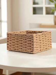 天然米色编织收纳篮，开放式编织设计，坚固的藤条结构，适用于浴室、卧室、客厅、宿舍、办公桌、家居、办公室或礼品装饰收纳，节省空间，用途广泛。 - 編織籃 - 查看 4