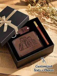 Conjunto de Presente de Carteira Personalizada com Foto e Texto Gravados em Couro, Chaveiro, Caneta e Caixa de Presente para Pai, Marido, Aniversário e Presente de Aniversário - Castanho - Visão 3
