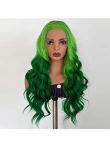 13x4 Lace Front Wig - Green Ombre Lace, Pre-Plucked, Heat Resistant Fiber, Big Wavy Curls, Suitable For Daily Wear, Festivals And Cosplay - Multicolor - View 2