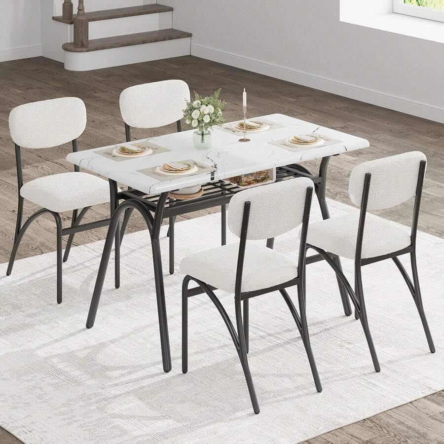 Mesa de comedor Conjunto para 4, Mesa de cocina con sillas de bucle para 4, Mesa de comedor rectangular moderna con estante de almacenamiento para espacio pequeño - blanco roto y mármol - Ver 1