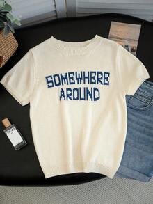 Women's Spring/Summer Retro Casual Short-Sleeve Knit Sweater | Round Neck Top With Letter Jacquard Pattern - Apricot - View 9