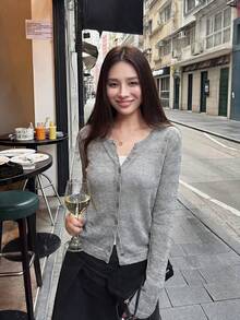 韩版简约短款针织开衫 | 轻盈透气的长袖上衣，适合春夏街头穿搭 - 灰色 - 查看 3