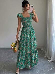 Summer Square Neck Backless Smocked Floral Dress Women's Sleeveless Ruffle Trim Tiered Cami Midi Beach Vacation Dress - màu xanh lá - Xem 1