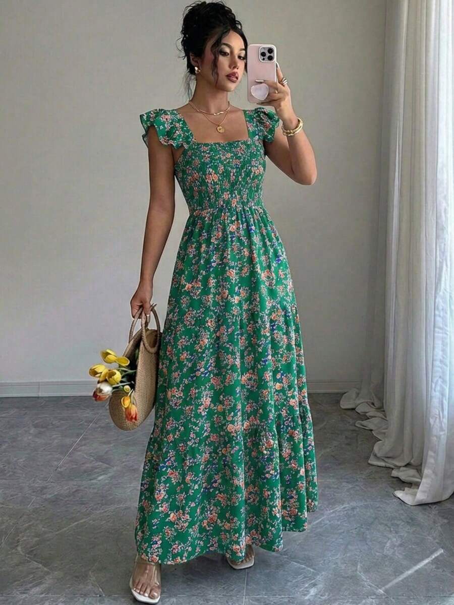 Summer Square Neck Backless Smocked Floral Dress Women's Sleeveless Ruffle Trim Tiered Cami Midi Beach Vacation Dress - màu xanh lá - Xem 1