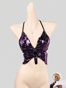 Lila Schmetterling glänzender Kontrast Pailletten Kreuz-Rücken tiefer Ausschnitt rückenfrei Bodycon Crop Top, Party Outfit Trägerhemd Lässig Sommer - Violett - Übersicht 7