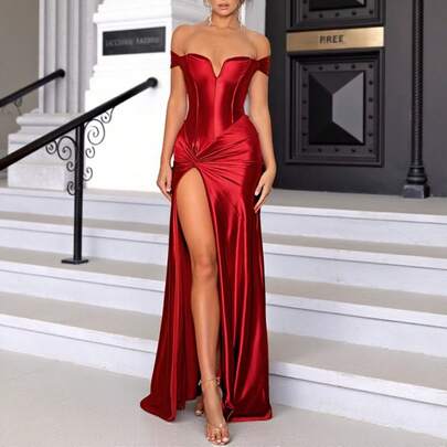 Vestido de verano rojo con hombros descubiertos y abertura lateral para mujer Onicee, vestido de cóctel elegante adecuado para carnaval, Día de la Madre, graduación, gala, cita, fiesta, viaje, playa y otras ocasiones