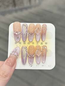 10pcs/Set Press On Nails, Amethyst Mirror, Spring/Summer New Arrival, Piled With Rhinestones, Gentle, Pure Seduction, Super Sparkling, Cat's Eye, Handcrafted Wearable Nail Art - Multicolor - View 1