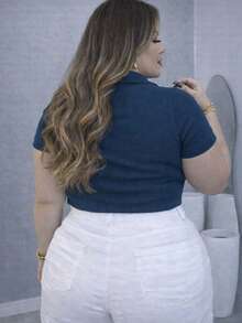 T-Shirt, Polo Shirt, Ribbed Cotton Shirt, Comfortable, Elegant, Everyday Casual, Plus Size. - Teal Blue - View 2