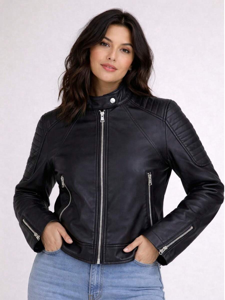 Women's Faux Leather Jacket With Zipper On The Sleeve And Buttoned Collar - 黑色 - 查看 1