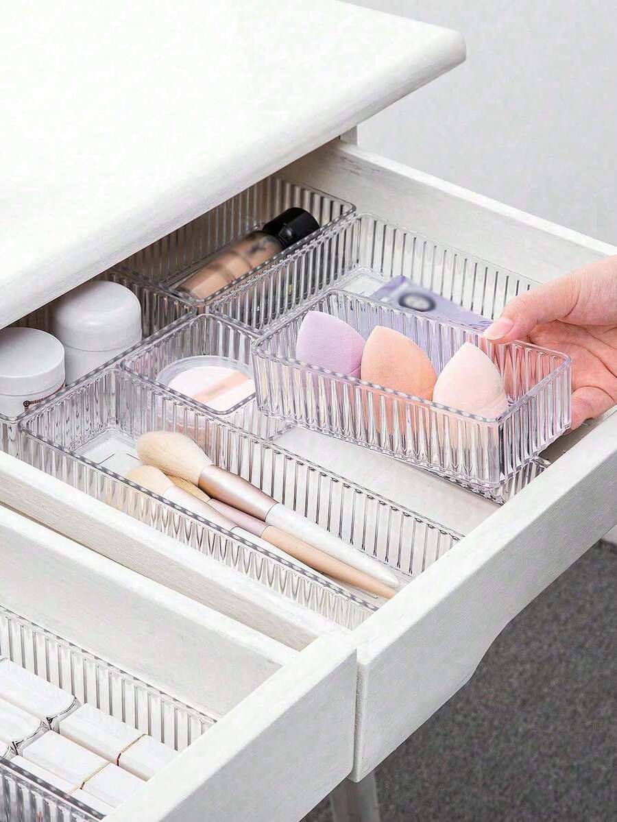 一套9/7/4/1件装高端透明抽屉式化妆品收纳盒，桌面化妆品展示盒，美甲工具收纳盒，眼影盘，指甲油，口红，香水，化妆海绵收纳盒，浴室收纳抽屉