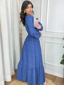 Women's Long-Sleeved Dress In Viscose Linen Fabric - Winter Style - Màu xanh lam - Xem 2