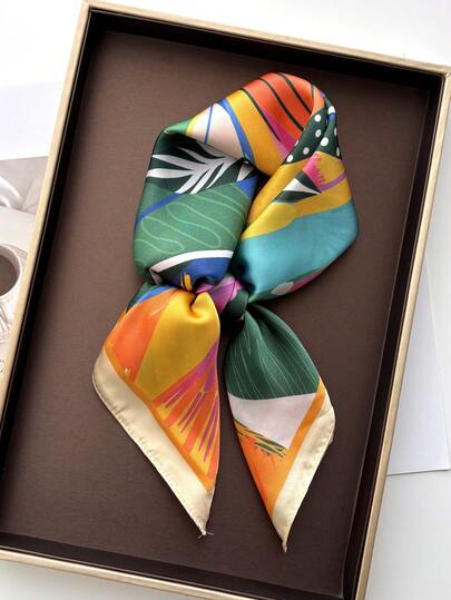 1pc Women's Elegant Vintage Printed Thin Satin Square Imitation Silk Scarf, Bohemian Style Casual Women's Neck Scarf, Shawl, Lightweight Comfortable Women's Headscarf, Suitable For Spring And Summer Daily Wear And Outings