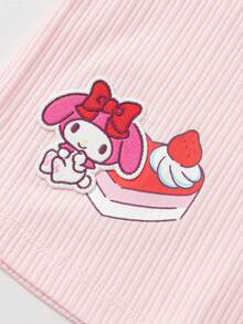 Balabala Áo thun ngắn tay gân nổi in hình cho bé gái, thiết kế hở vai và có nơ; Áo mùa hè dễ thương, phong cách thường ngày. - trắng đỏ - Xem 5