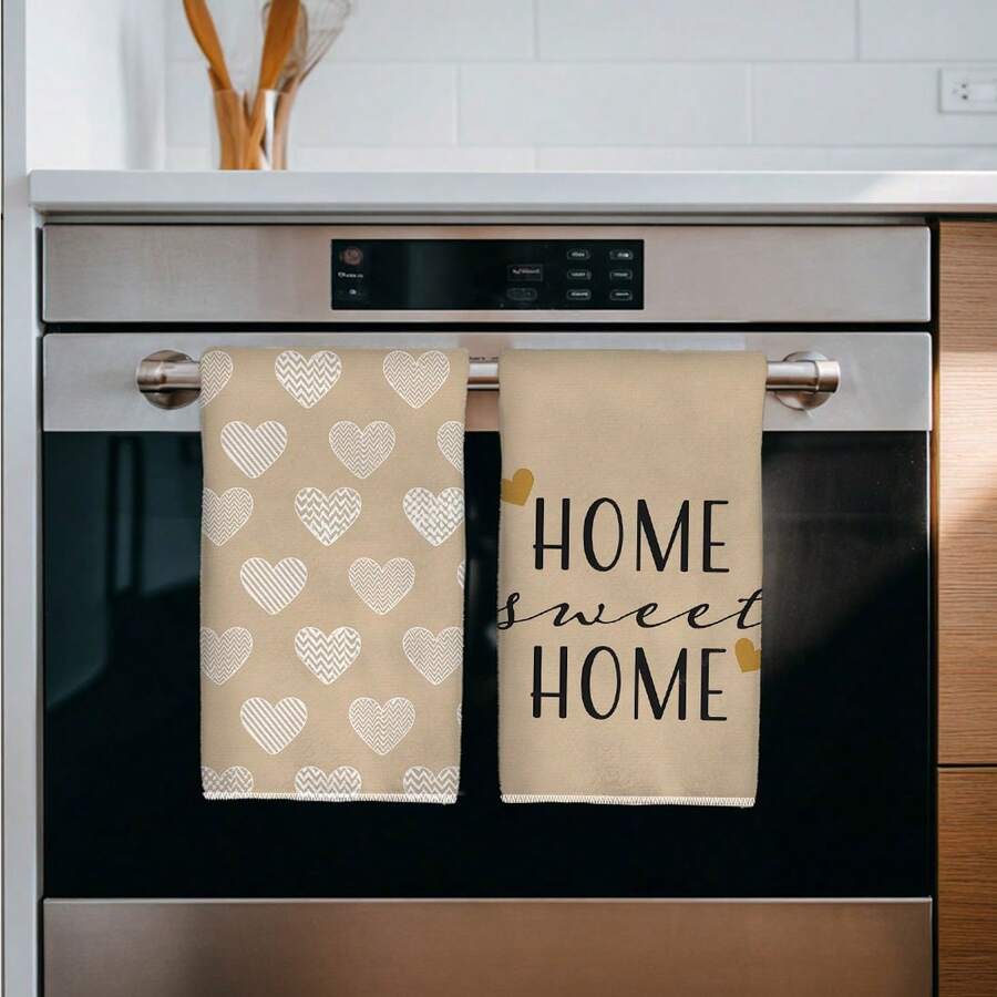2条装柔软超细纤维厨房毛巾，40*60厘米吸水性强，印有心形“HOME Swtte”字样，适合厨房装饰、乔迁礼物、情人节礼物。 - 駝色 - 查看 1