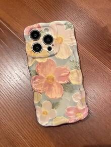 Blu-Ray Oil Painting Floral Phone Case, Compatible With APPLE17/17Air/17pro/17promax/16/16pro/16plus/16promax15 Pro Max 15 Pro 15 14 Pro Max 14 Pro 14 13 ProMax 13 Pro 13 12 ProMax 12 Pro 12/15/15Promax Wavy Edge - Green - View 3