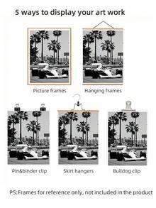 1pc Frameless Striking Black And White Racing Art Print, Vintage Racing Photography, Palm Tree Poster, Suitable For Bedroom, Dorm, Party Gift - Car - View 6