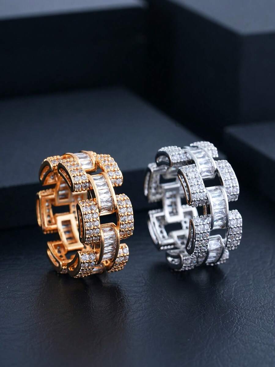 1 chiếc nhẫn đồng khảm đá Zirconia hình học rỗng, nhẫn unisex phong cách hip-hop cá nhân hóa, toàn bộ bằng đá Zirconia. - Vòng hình học - Xem 1