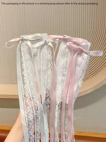 优雅蕾丝缎面长蝴蝶结发夹，镶嵌水钻，粉色、白色、蓝色侧刘海发夹，提升氛围的拍照道具，适合日常和节日使用。 - 彩色 - 查看 6