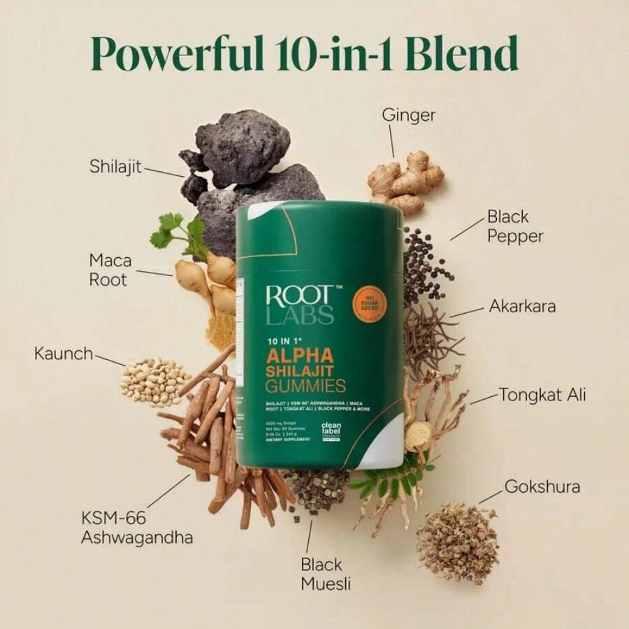 Miriyalyad Root Labs Alpha 10-In-1 Shilajit Gummies 4000 Mg | New Year New Me Edition | Start 2026 Strong | Energy, Stamina & Focus | Zero Sugar | KSM-66 Ashwagandha, Tongkat Ali, Maca | Vegan | 60 Count | Transform Your Health Goals - 1PCS - 查看 1