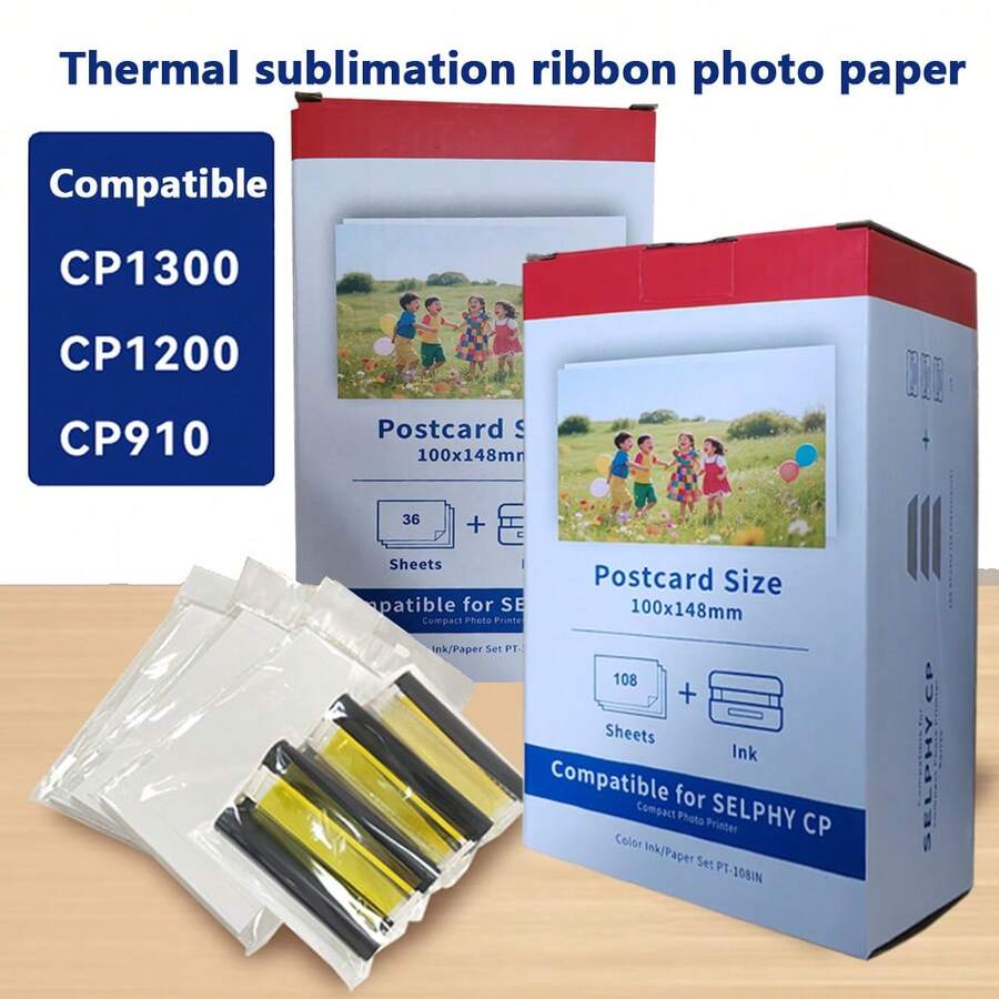 AIVE CP1500 Selphy 彩色墨盒和相纸套装,兼容 CP1300、CP1200、CP910、CP900 照片打印机、KP108IN、KP-36IN、6 英寸打印机,兼容 Selphy CP1300 墨盒和相纸(适用于 P 型纸盒),兼容 Selphy CP1500、CP1200、CP910、CP900 打印机、KP108IN、KP36IN - 3套 - 查看 1