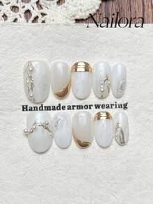 10pcs Handmade Nails Oval Nails Acrylic Press On Nails Short Nails, Minimalism White Nails Gradient, Glitter Powder Handpainted Irregular Lines, Pearl Inlaid, Simple Elegant Luxury Spring Nails, Summer Press On Nail, Versatile Nails DIY False Nail Art Party Daily & Dating Suitable Use In Work Setting Reusable, For Women & Girls As Gift Nail Supplies - White - View 3