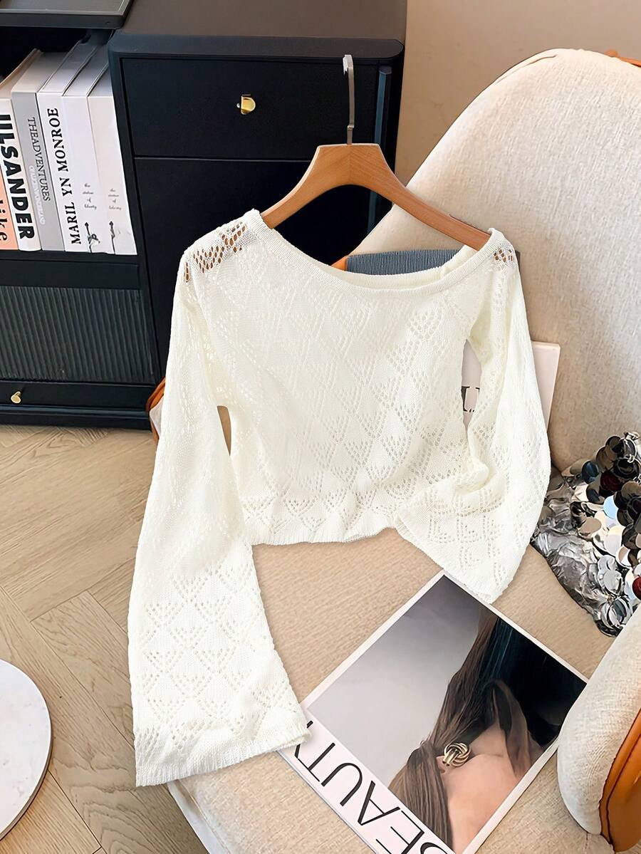 Áo khoác dệt kim khoét lỗ hở vai tay loe dáng rộng dành cho nữ, thích hợp cho mùa xuân, hè và thu. - trắng - Xem 1