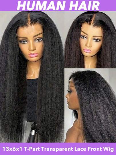 Kinky Straight Wigs Long Black Color Yaki Straight Wigs For Black Women Lace Front Wigs 13x6x1 T Part Lace Frontal Wig Transparent Lace Human Hair Wigs For Black Women 150% Density 8-24 26 28 30nch Natural Black