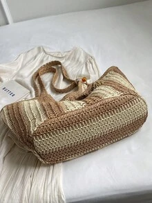 夏季度假风草编手提包，黑白/绿棕/卡其条纹编织手提包，大容量 - 彩色 - 查看 10
