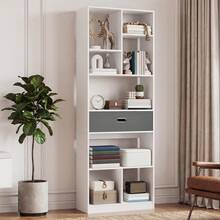BALCONERA Hohes, freistehendes Bücherregal mit 7 offenen Fächern und 1 Stoffschublade für Wohnzimmer, Schlafzimmer, Büro, Weiß, 60 cm (B) x 24 cm (T) x 170 cm (H) - Weiss - Übersicht 2