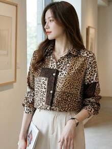 Women's Leopard Print Patchwork Button Front Long Sleeve Shirt Chic Casual Blouse Vacation Spring - Leopard Print - View 6