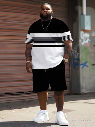 2pcs/Set Plus Size Men's Black & White Striped Patchwork Suit, Casual Short Sleeve T-Shirt + Shorts Loose Fit Set, Summer Sports