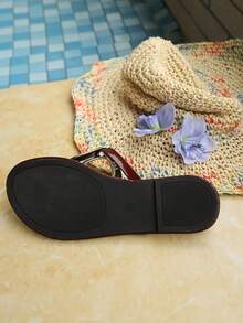 New Gold Color Sandals For Women, Summer Outdoor Wear Metal Buckle Flat Thong Slippers - Burgundy - View 8