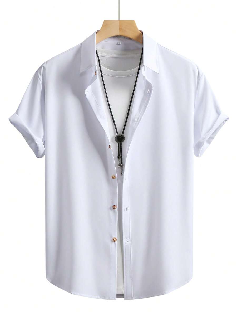 Men's Solid Color Business Casual Short Sleeve Shirt - White - View 1