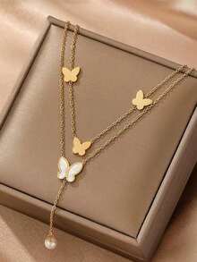 1pc Vintage Elegant Double Layer Gold Butterfly Shell Pendant Necklace, Simple Chic Style(No Gift Box) - Gold - View 1