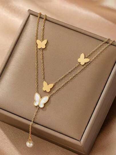 1件复古优雅双层金色蝴蝶贝壳吊坠项链，简约别致风格（不含礼盒）