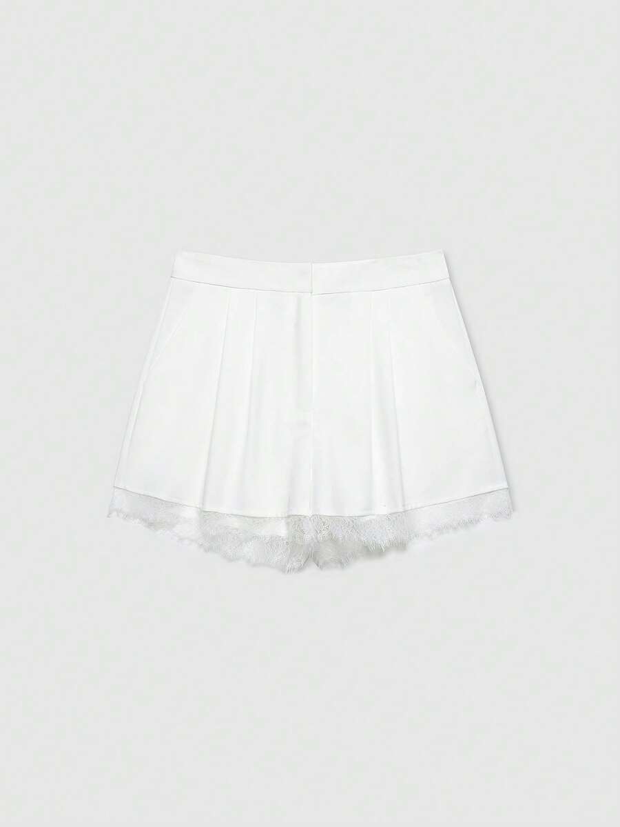 女士纯色褶皱蕾丝边休闲短裤 白色 夏季 - 白色 - 查看 1
