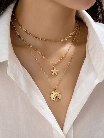 3 Piezas Conjunto de Collares Colgante de Dólar de Arena y Estrella de Mar Chapado en Oro para Mujer - Collares de Cadena Minimalistas con Encantos del Océano y el Mar - Joyería Bohemia para Uso Diario y Vacaciones de Verano