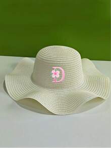 1顶女童A-Z粉色花朵字母白色优雅草帽宽檐防晒时尚外出/度假 - 白色 - 查看 8