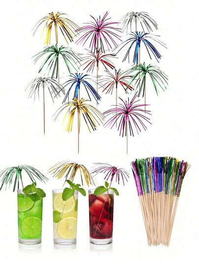 Colorful Cocktail Firework Shaped Drink Stirrers, Hawaiian Paper Cupcake Toppers, Party Cake Decorations, Holiday Celebration Party Fruit Picks, Cake Decorations, To Make Every Celebration Shine, Suitable For Birthday, Wedding, Beach Theme Party, Adding Bright Colors And Fun To Every Dessert, Kitchen Supplies