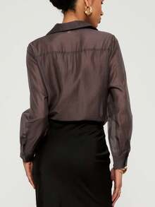 Women's Solid Color Button Front Collared Long Sleeve Shirt, Casual Work Blouse With Embroidered Pocket, Suitable For All Seasons Spring - Coffee Brown - View 9